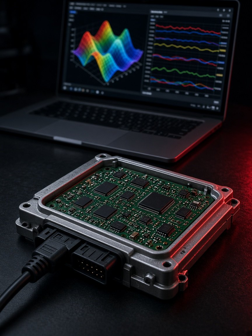 An opened ECU connected to a laptop showing a tuning map