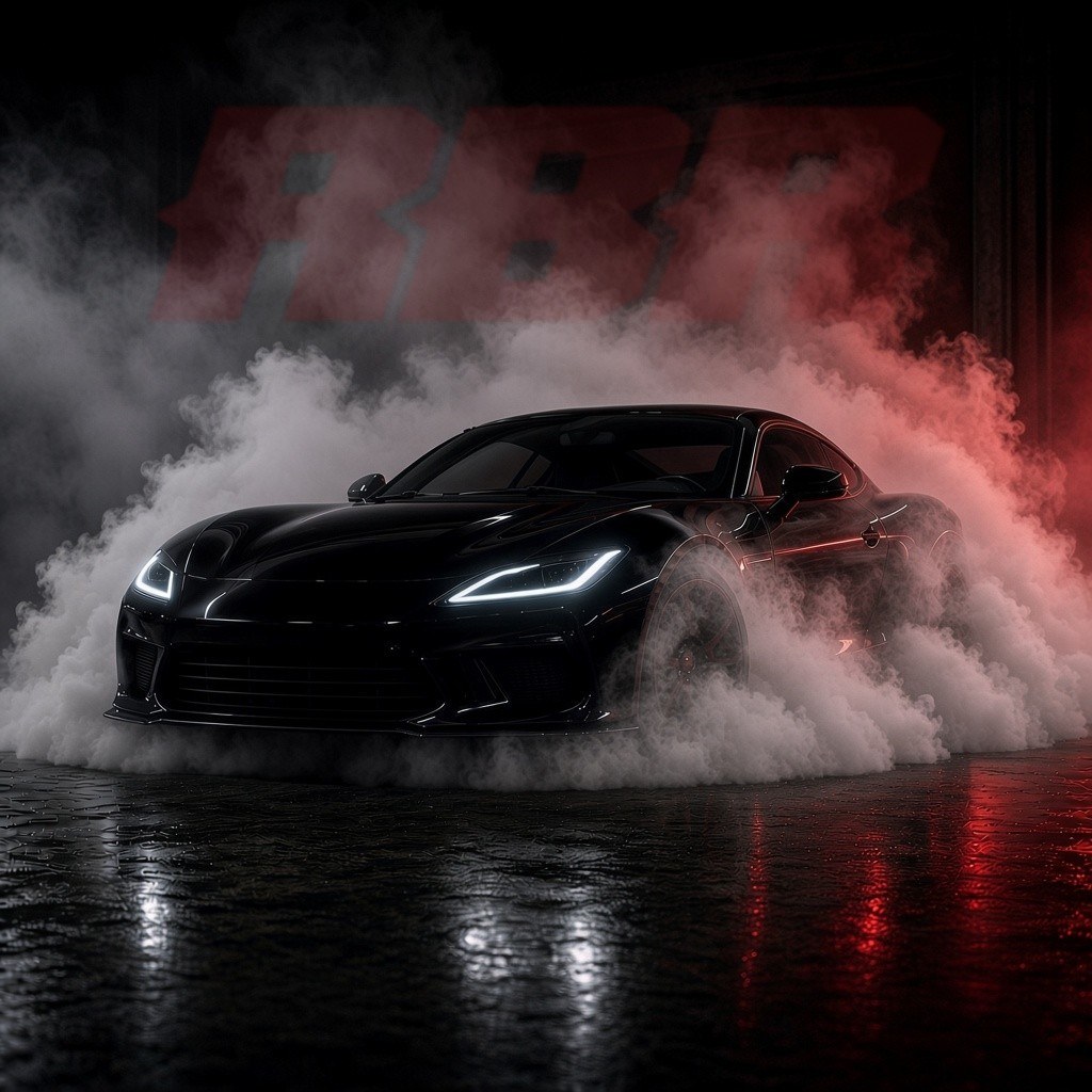 Black sports car lit in red in a dark studio
