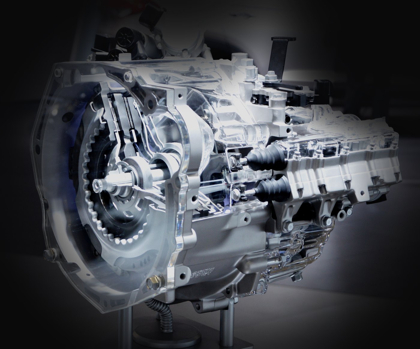 Seven speed dual clutch gearbox with a clear cutaway casing